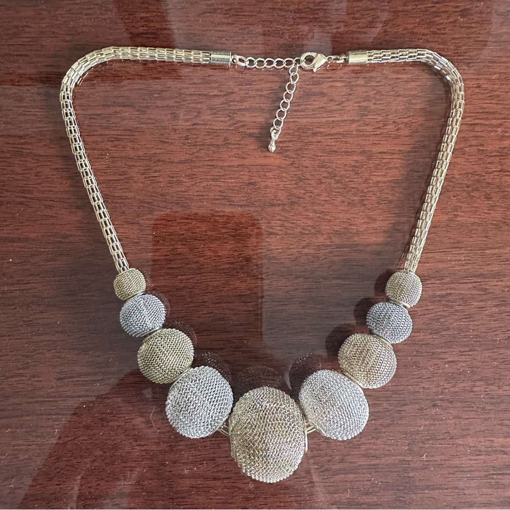 Mixed Metal Gold and Silver Necklace with Mesh Spheres